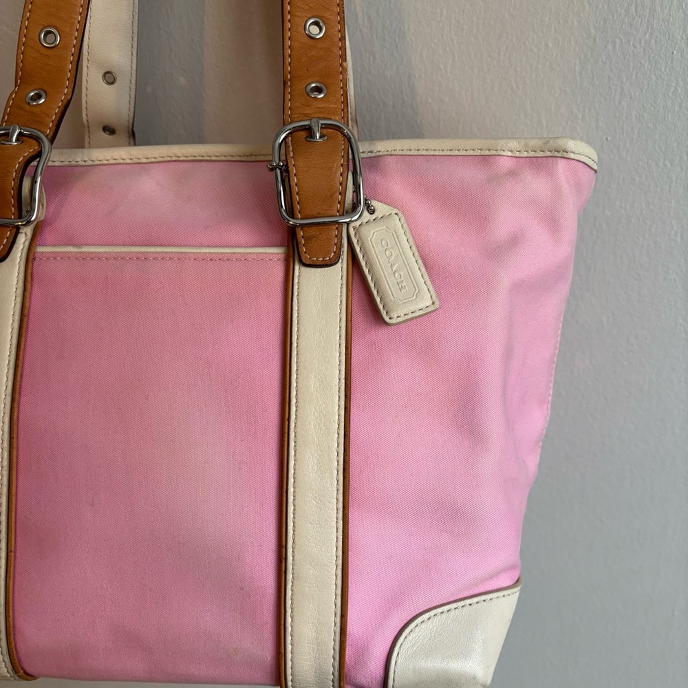 Vintage Y2K Coach Pink Canvas Hampton Spring Travel Tote Leather Trim - Picture 5 of 11